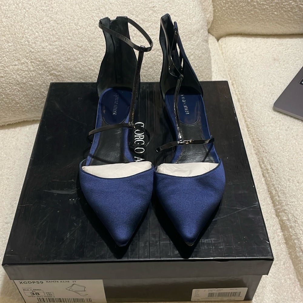 Armani navy blue satin flats with patent leather details